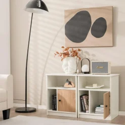 Tangkula Nightstand Set of 2, Wooden Sofa Side End Table with Bamboo Door & Open Compartments