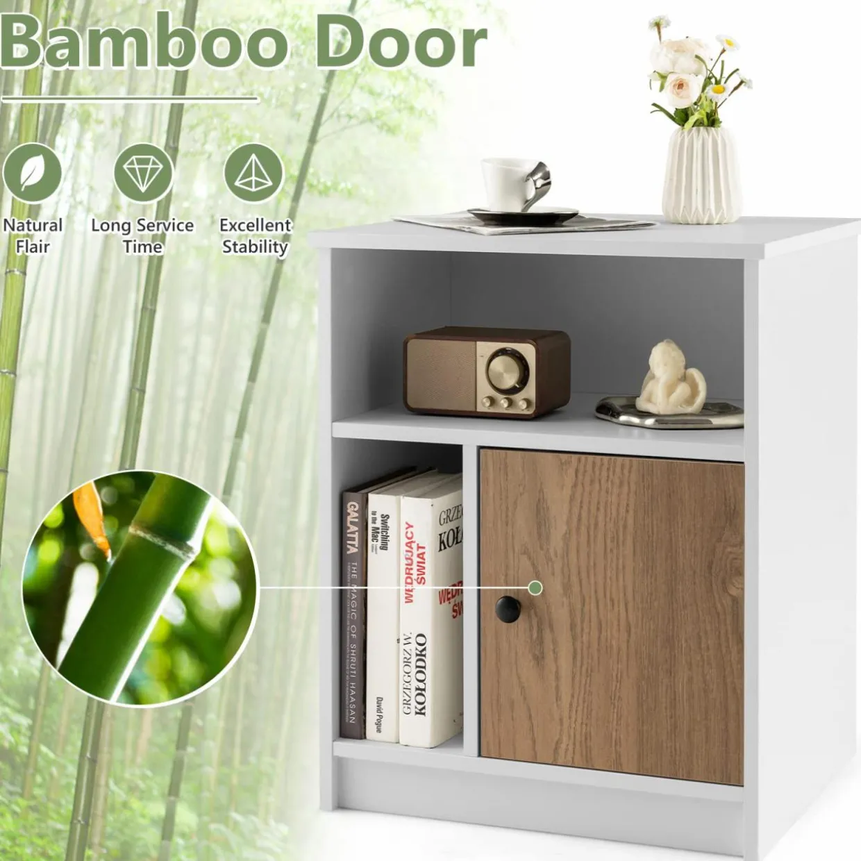 Tangkula Nightstand Set of 2, Wooden Sofa Side End Table with Bamboo Door & Open Compartments