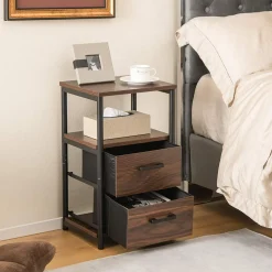 Tangkula Nightstand, Sofa Side End Table with Open Shelf & 2 Drawers