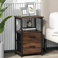 Tangkula Nightstand, Sofa Side End Table with Open Shelf & 2 Drawers