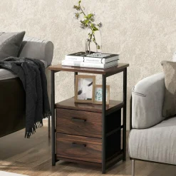 Tangkula Nightstand, Sofa Side End Table with Open Shelf & 2 Drawers