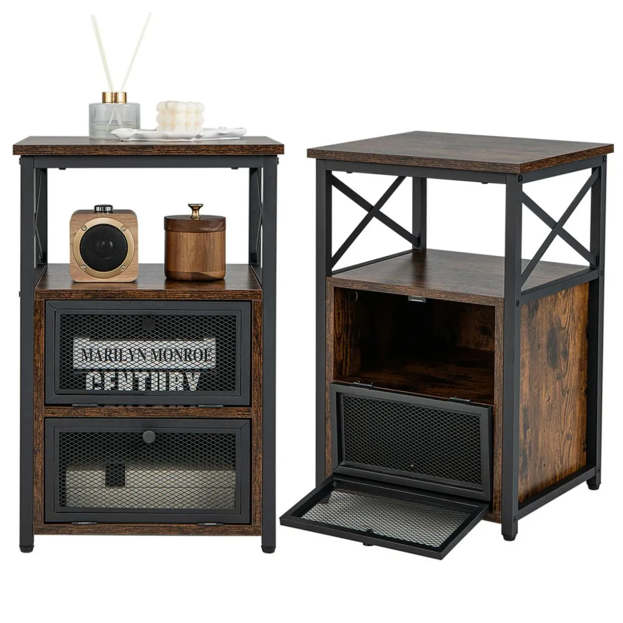 Tangkula Nightstands Set of 2, Industrial Versatile Sofa Side Table with Open Storage Shelf and 2 Flip Drawers