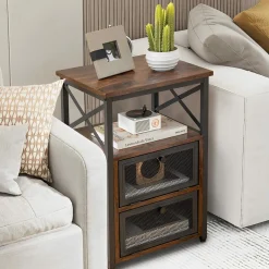 Tangkula Nightstands Set of 2, Industrial Versatile Sofa Side Table with Open Storage Shelf and 2 Flip Drawers