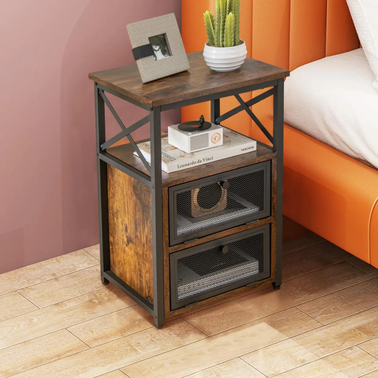 Tangkula Nightstands Set of 2, Industrial Versatile Sofa Side Table with Open Storage Shelf and 2 Flip Drawers