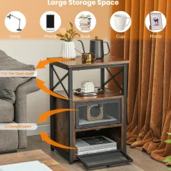 Tangkula Nightstands Set of 2, Industrial Versatile Sofa Side Table with Open Storage Shelf and 2 Flip Drawers
