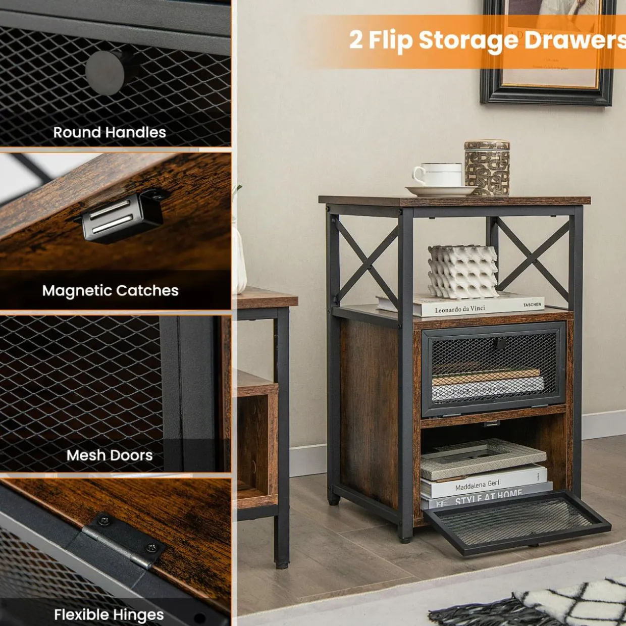 Tangkula Nightstands Set of 2, Industrial Versatile Sofa Side Table with Open Storage Shelf and 2 Flip Drawers