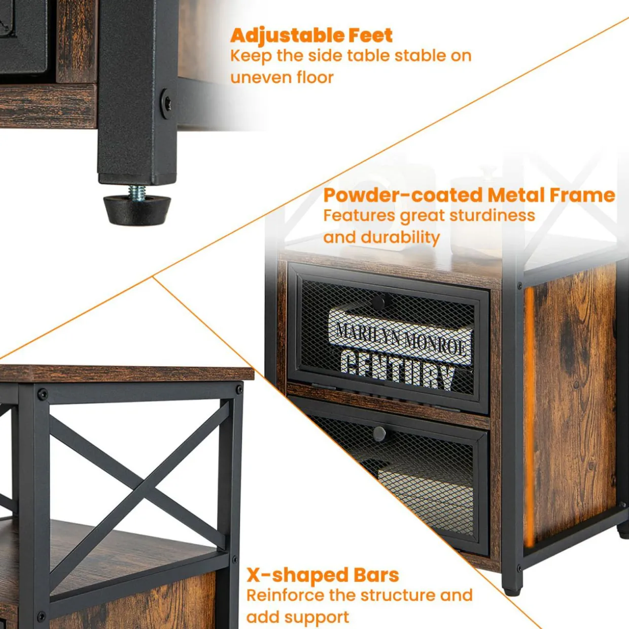 Tangkula Nightstands Set of 2, Industrial Versatile Sofa Side Table with Open Storage Shelf and 2 Flip Drawers