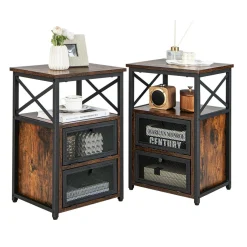 Tangkula Nightstands Set of 2, Industrial Versatile Sofa Side Table with Open Storage Shelf and 2 Flip Drawers