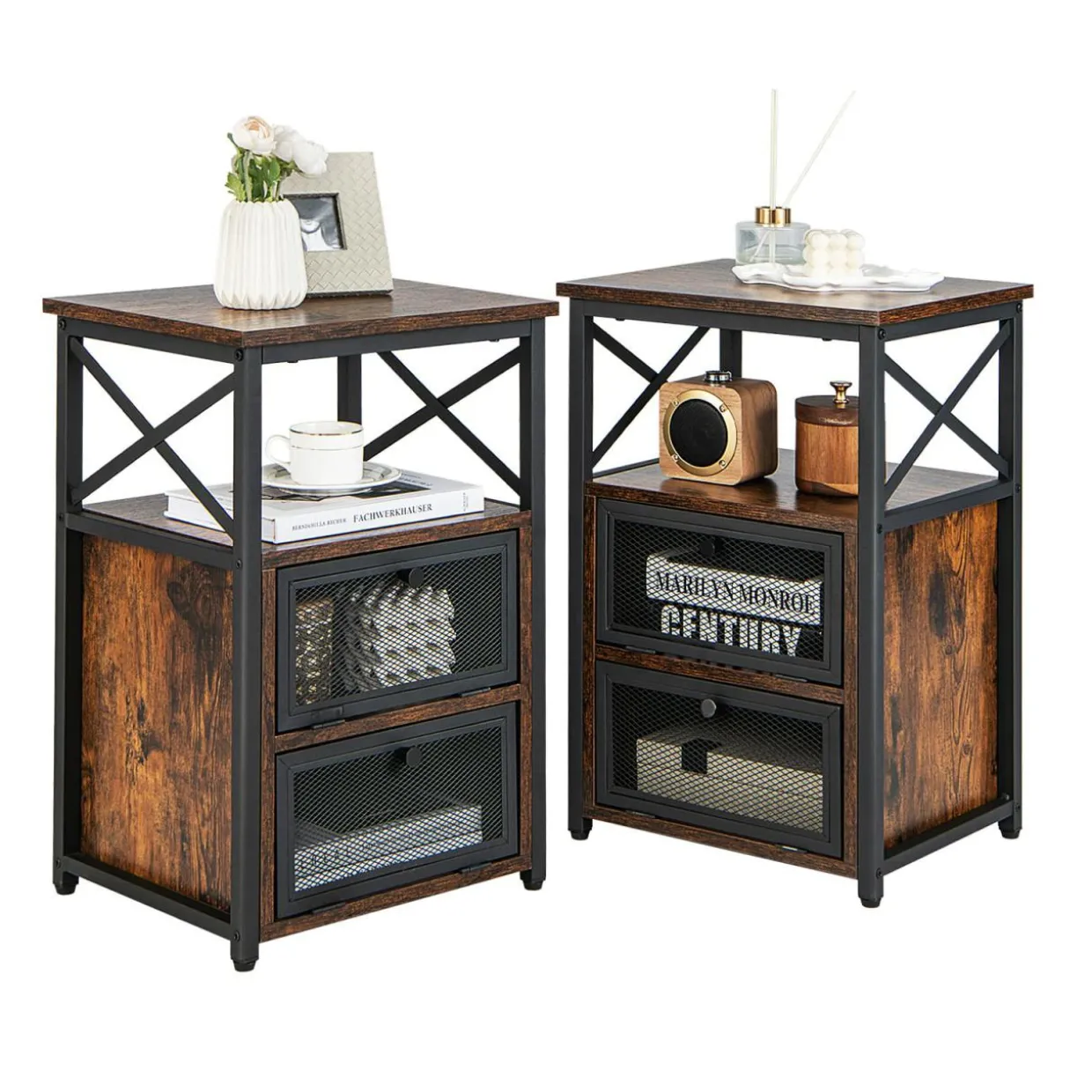 Tangkula Nightstands Set of 2, Industrial Versatile Sofa Side Table with Open Storage Shelf and 2 Flip Drawers