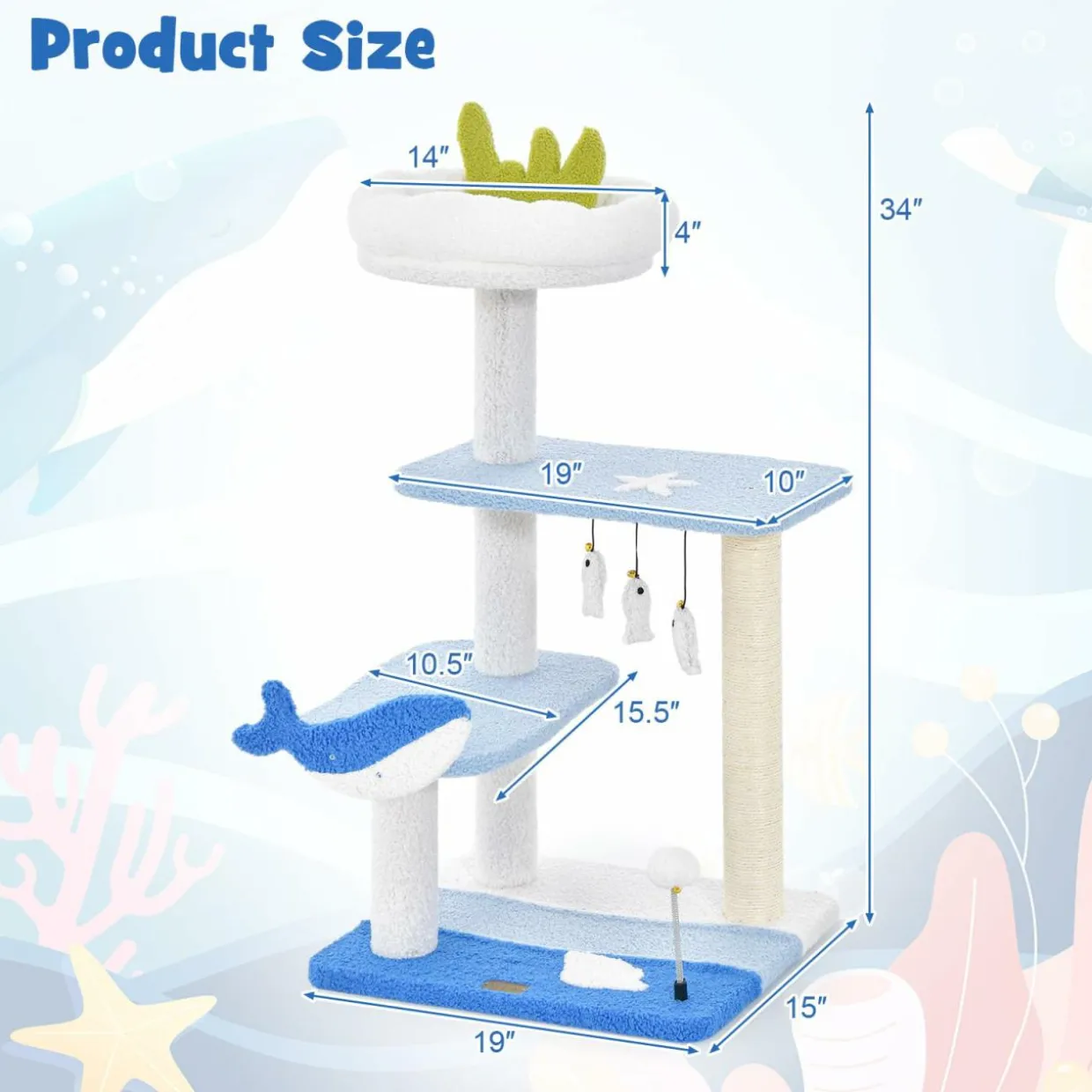 Tangkula Ocean-Themed Cat Tree, 3-Level Cat Tower, 34"