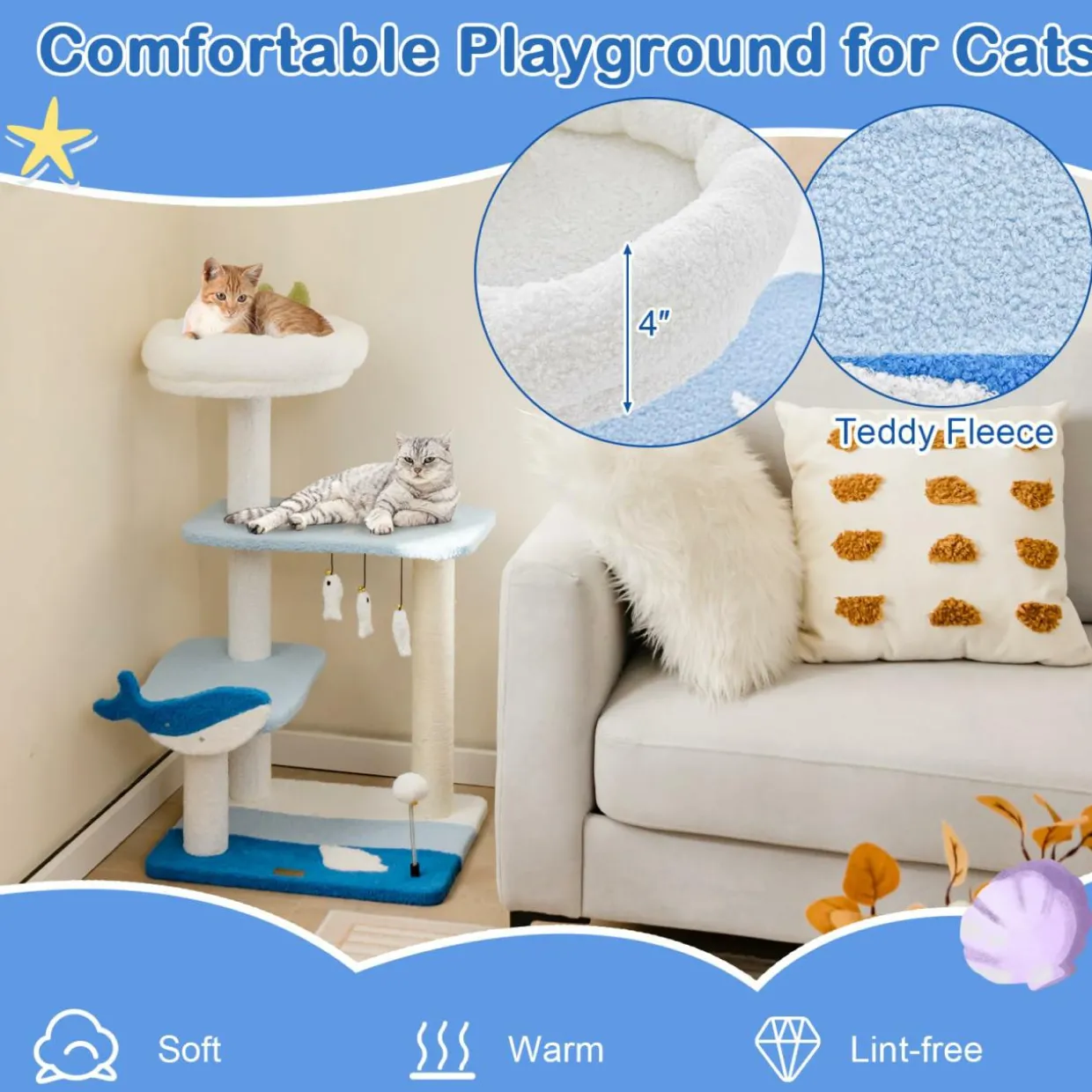 Tangkula Ocean-Themed Cat Tree, 3-Level Cat Tower, 34"