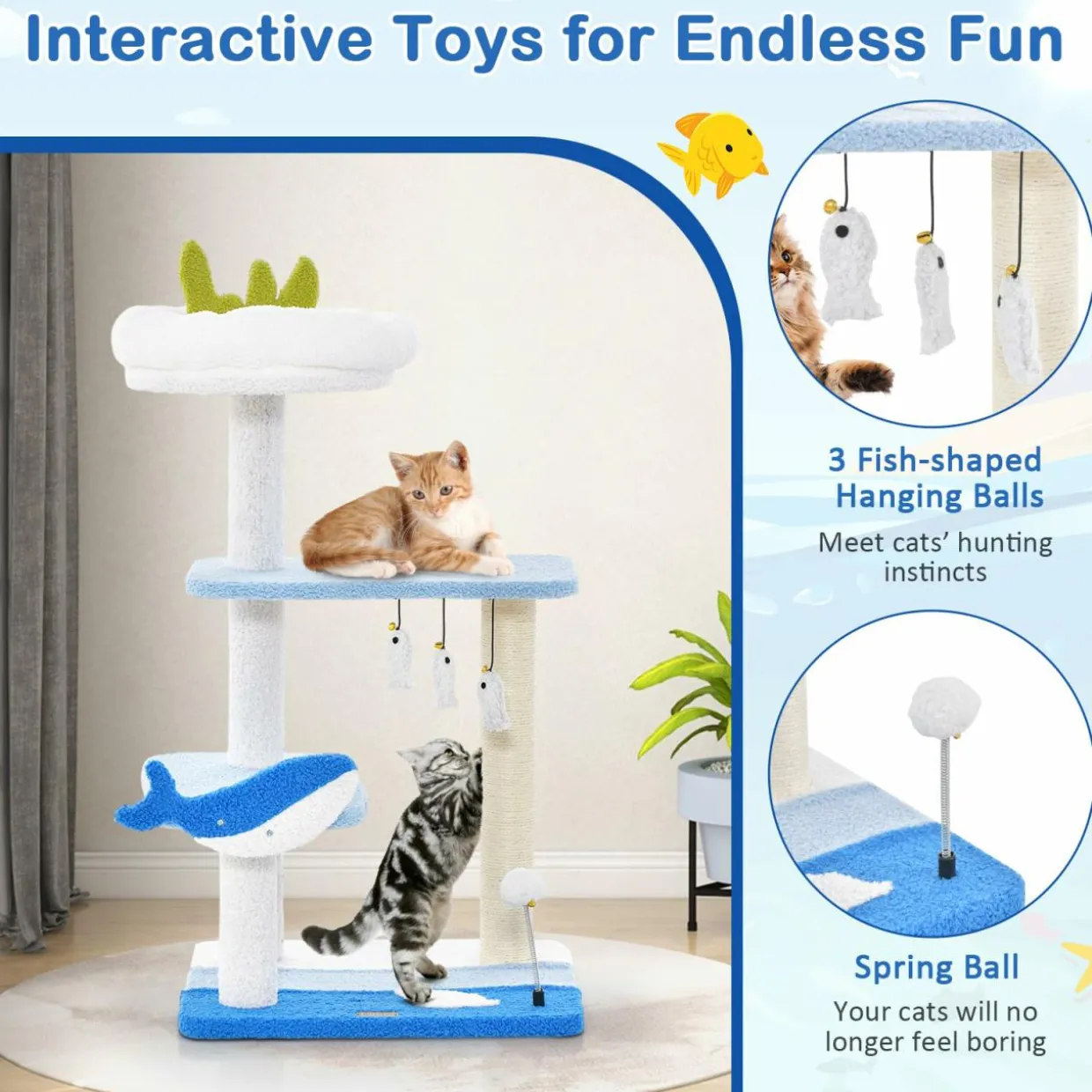 Tangkula Ocean-Themed Cat Tree, 3-Level Cat Tower, 34"