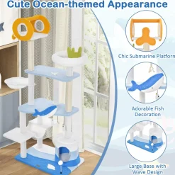 Tangkula Ocean-Themed Cat Tree, 3-Level Cat Tower with Sisal Scratching Posts, Condo, Perch, Hammock