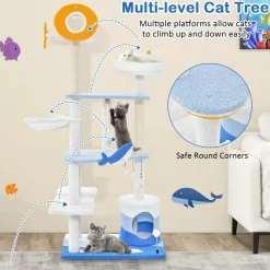Tangkula Ocean-Themed Cat Tree, 3-Level Cat Tower with Sisal Scratching Posts, Condo, Perch, Hammock
