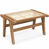 Tangkula Ottoman Footstool, Natural Teak Wooden Foot Rest with Handwoven Rattan