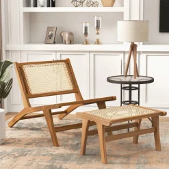 Tangkula Ottoman Footstool, Natural Teak Wooden Foot Rest with Handwoven Rattan