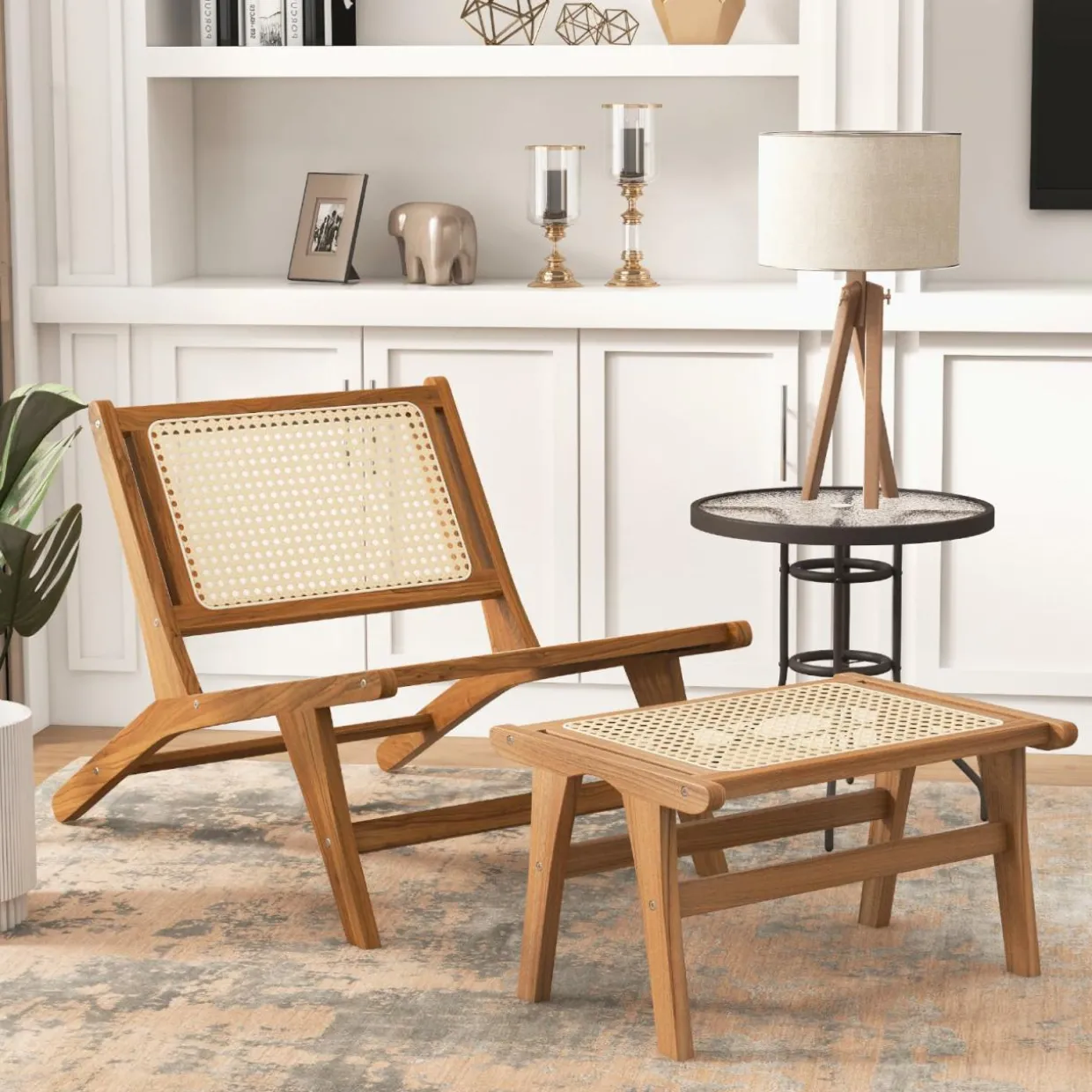 Tangkula Ottoman Footstool, Natural Teak Wooden Foot Rest with Handwoven Rattan