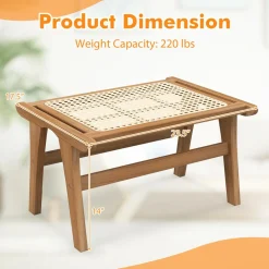 Tangkula Ottoman Footstool, Natural Teak Wooden Foot Rest with Handwoven Rattan