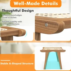 Tangkula Ottoman Footstool, Natural Teak Wooden Foot Rest with Handwoven Rattan