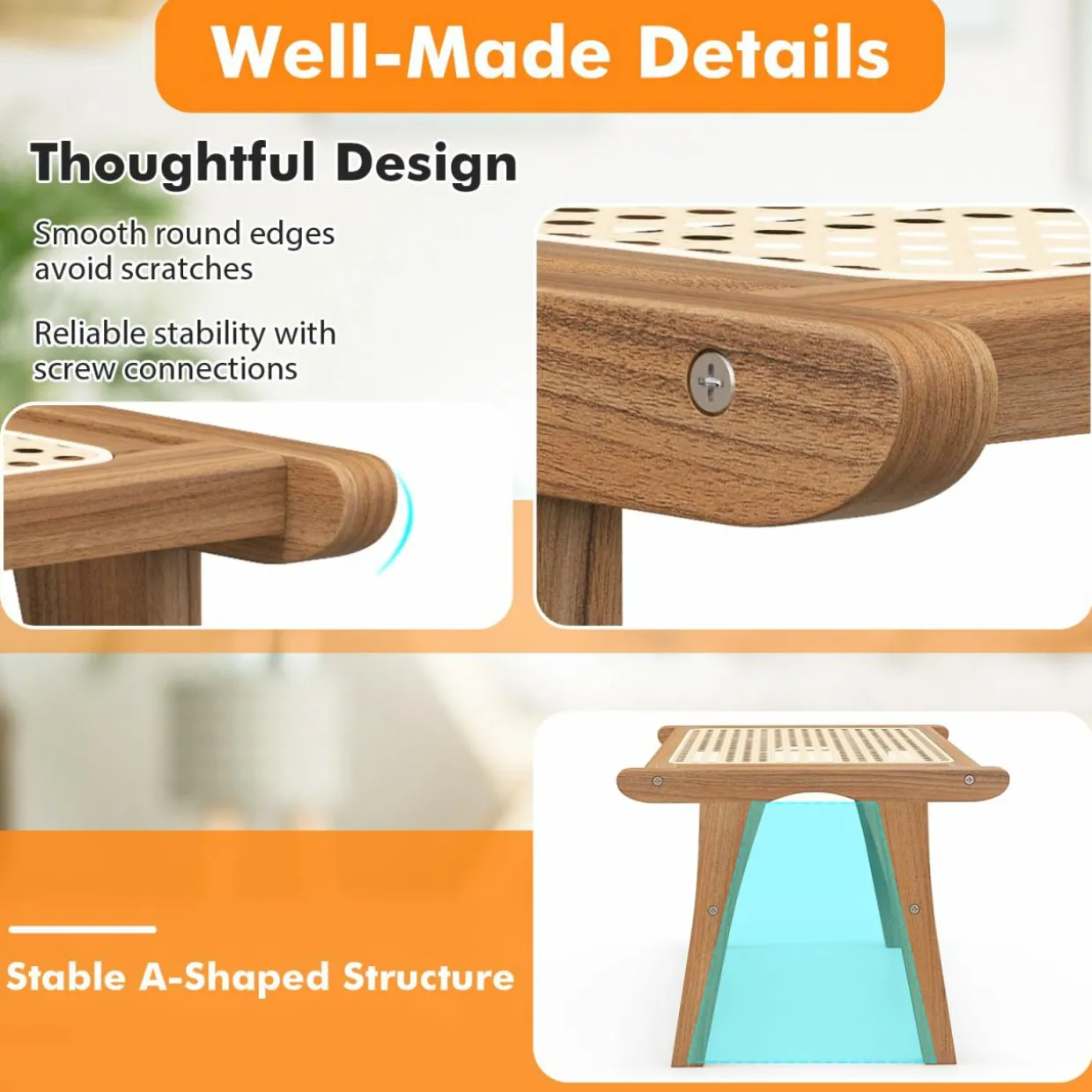 Tangkula Ottoman Footstool, Natural Teak Wooden Foot Rest with Handwoven Rattan