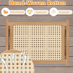 Tangkula Ottoman Footstool, Natural Teak Wooden Foot Rest with Handwoven Rattan