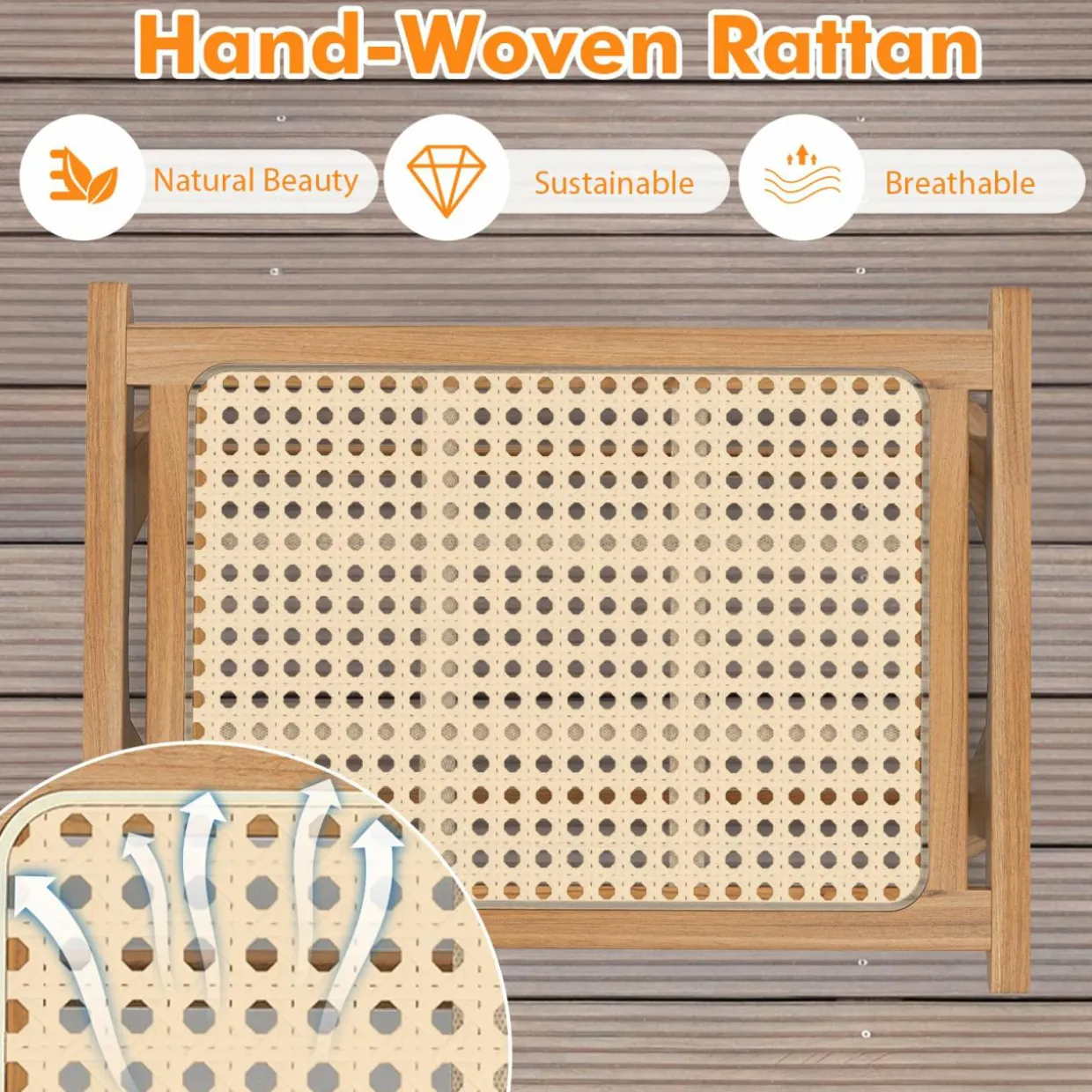 Tangkula Ottoman Footstool, Natural Teak Wooden Foot Rest with Handwoven Rattan