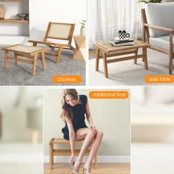 Tangkula Ottoman Footstool, Natural Teak Wooden Foot Rest with Handwoven Rattan