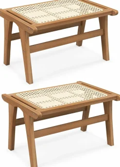 Tangkula Ottoman Footstool, Natural Teak Wooden Foot Rest with Handwoven Rattan