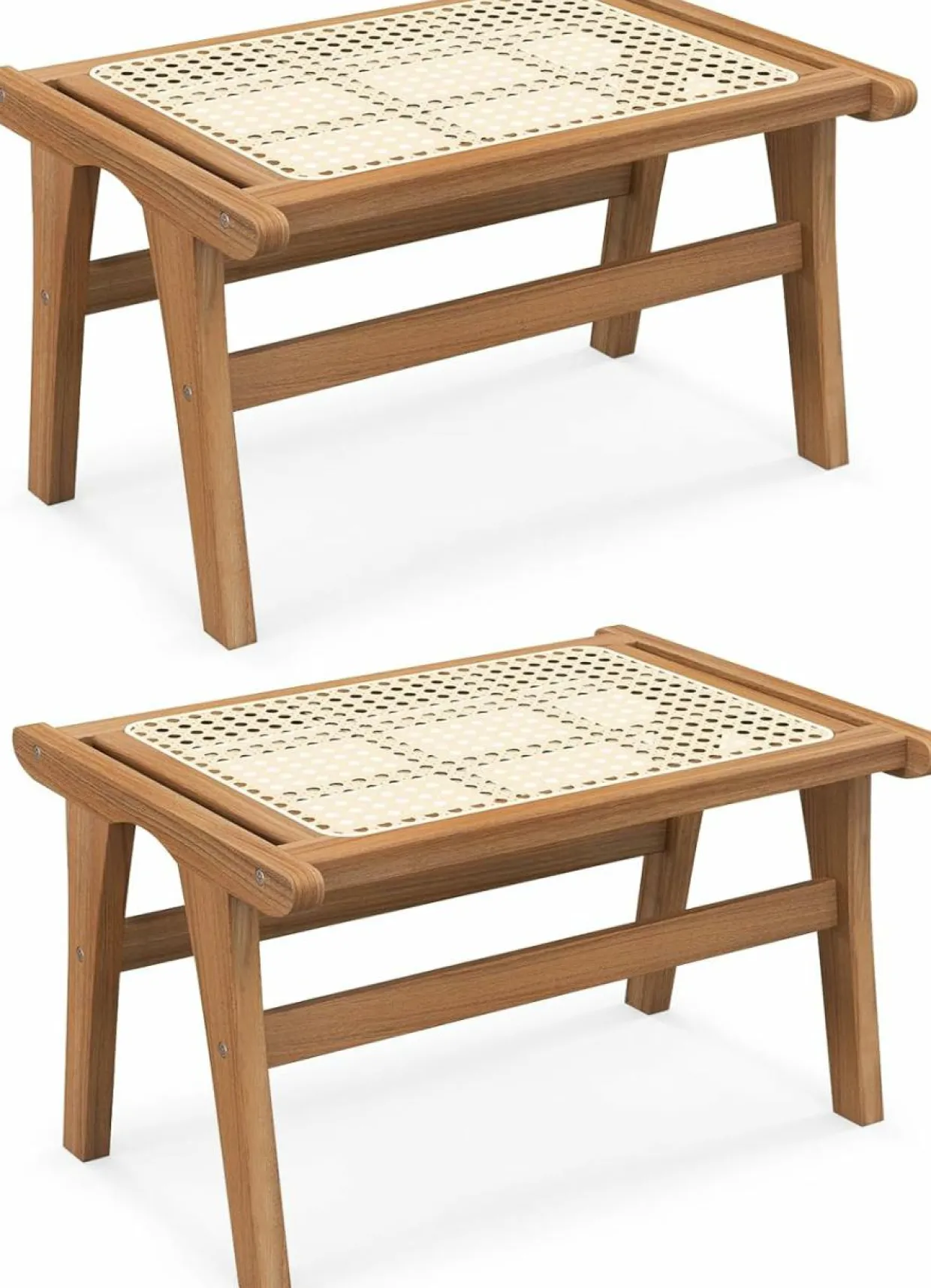 Tangkula Ottoman Footstool, Natural Teak Wooden Foot Rest with Handwoven Rattan