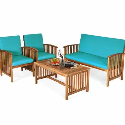 Tangkula Outdoo Wood Sofa Set w/Water Resistant Cushions, Padded Patio Seating Chat Set