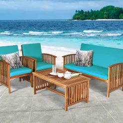 Tangkula Outdoo Wood Sofa Set w/Water Resistant Cushions, Padded Patio Seating Chat Set