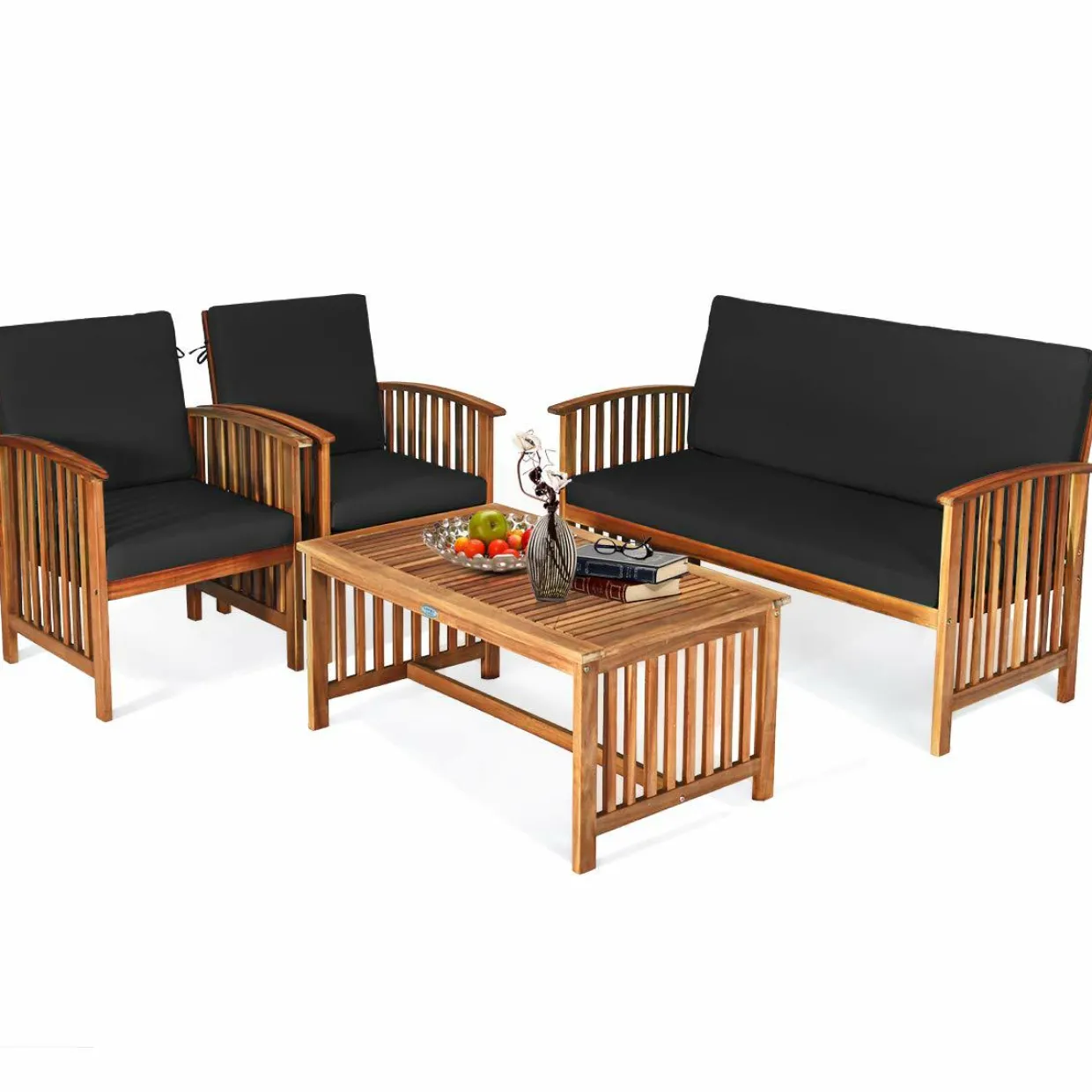 Tangkula Outdoo Wood Sofa Set w/Water Resistant Cushions, Padded Patio Seating Chat Set