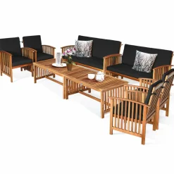 Tangkula Outdoo Wood Sofa Set w/Water Resistant Cushions, Padded Patio Seating Chat Set