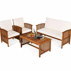 Tangkula Outdoo Wood Sofa Set w/Water Resistant Cushions, Padded Patio Seating Chat Set
