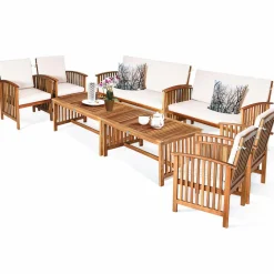 Tangkula Outdoo Wood Sofa Set w/Water Resistant Cushions, Padded Patio Seating Chat Set