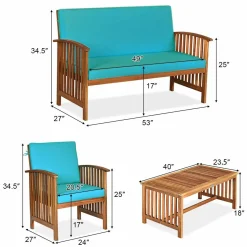 Tangkula Outdoo Wood Sofa Set w/Water Resistant Cushions, Padded Patio Seating Chat Set
