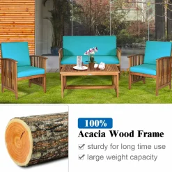 Tangkula Outdoo Wood Sofa Set w/Water Resistant Cushions, Padded Patio Seating Chat Set