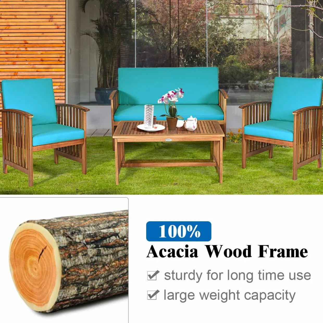 Tangkula Outdoo Wood Sofa Set w/Water Resistant Cushions, Padded Patio Seating Chat Set