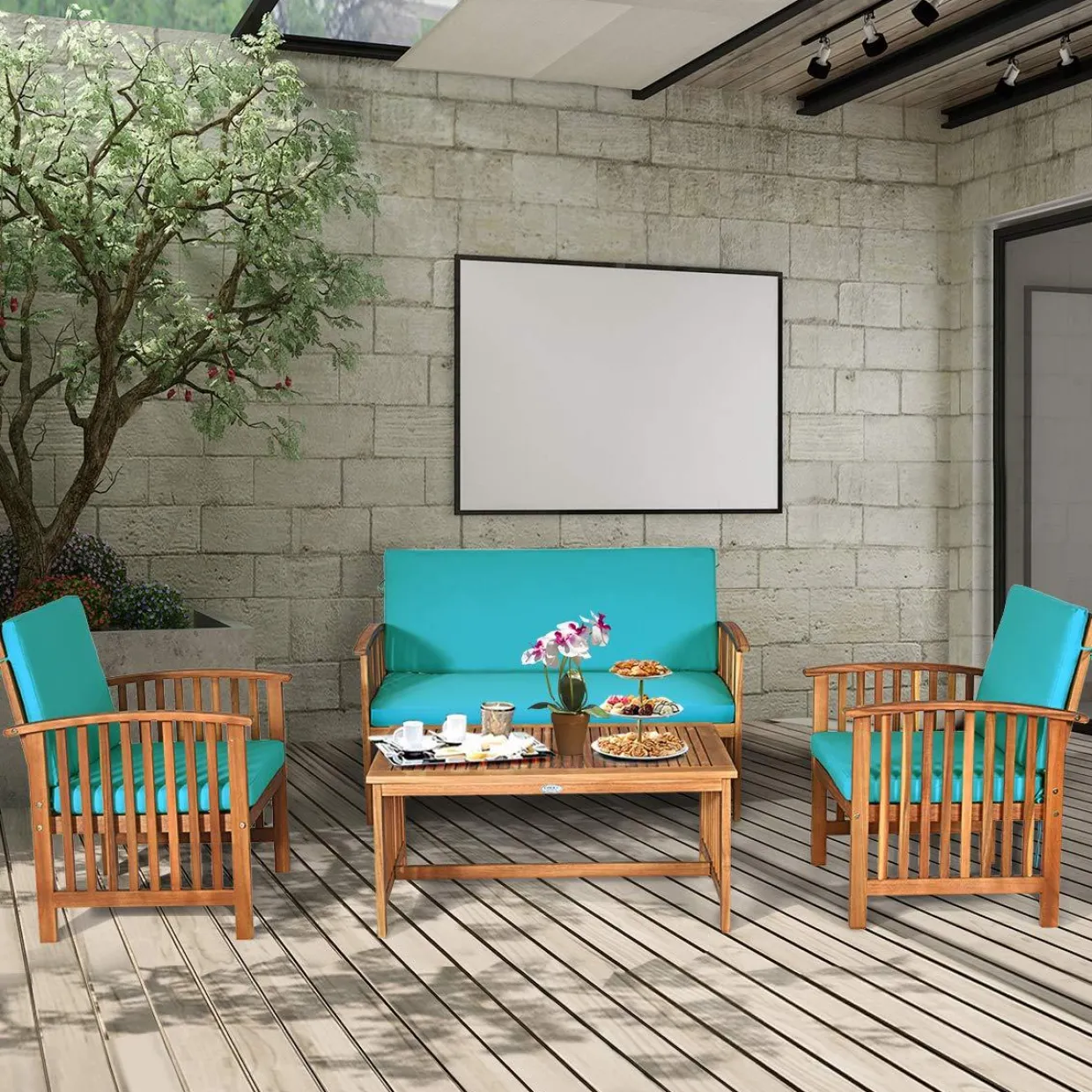Tangkula Outdoo Wood Sofa Set w/Water Resistant Cushions, Padded Patio Seating Chat Set