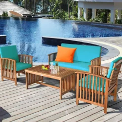 Tangkula Outdoo Wood Sofa Set w/Water Resistant Cushions, Padded Patio Seating Chat Set