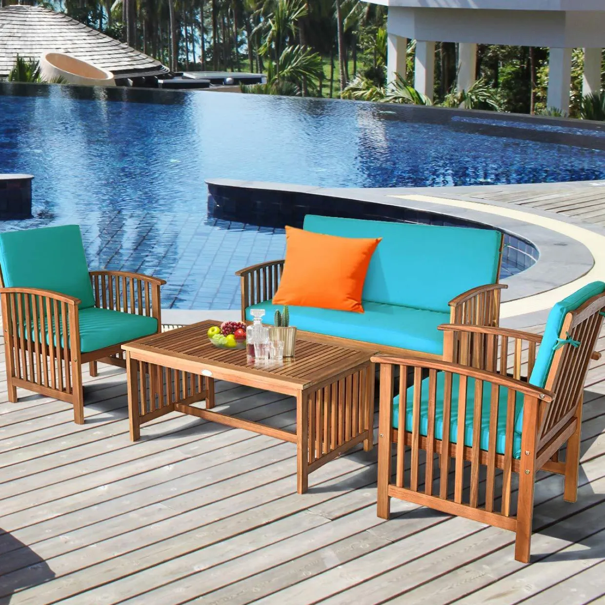 Tangkula Outdoo Wood Sofa Set w/Water Resistant Cushions, Padded Patio Seating Chat Set
