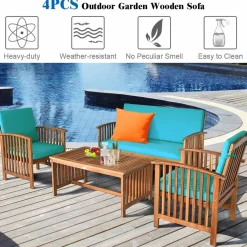 Tangkula Outdoo Wood Sofa Set w/Water Resistant Cushions, Padded Patio Seating Chat Set