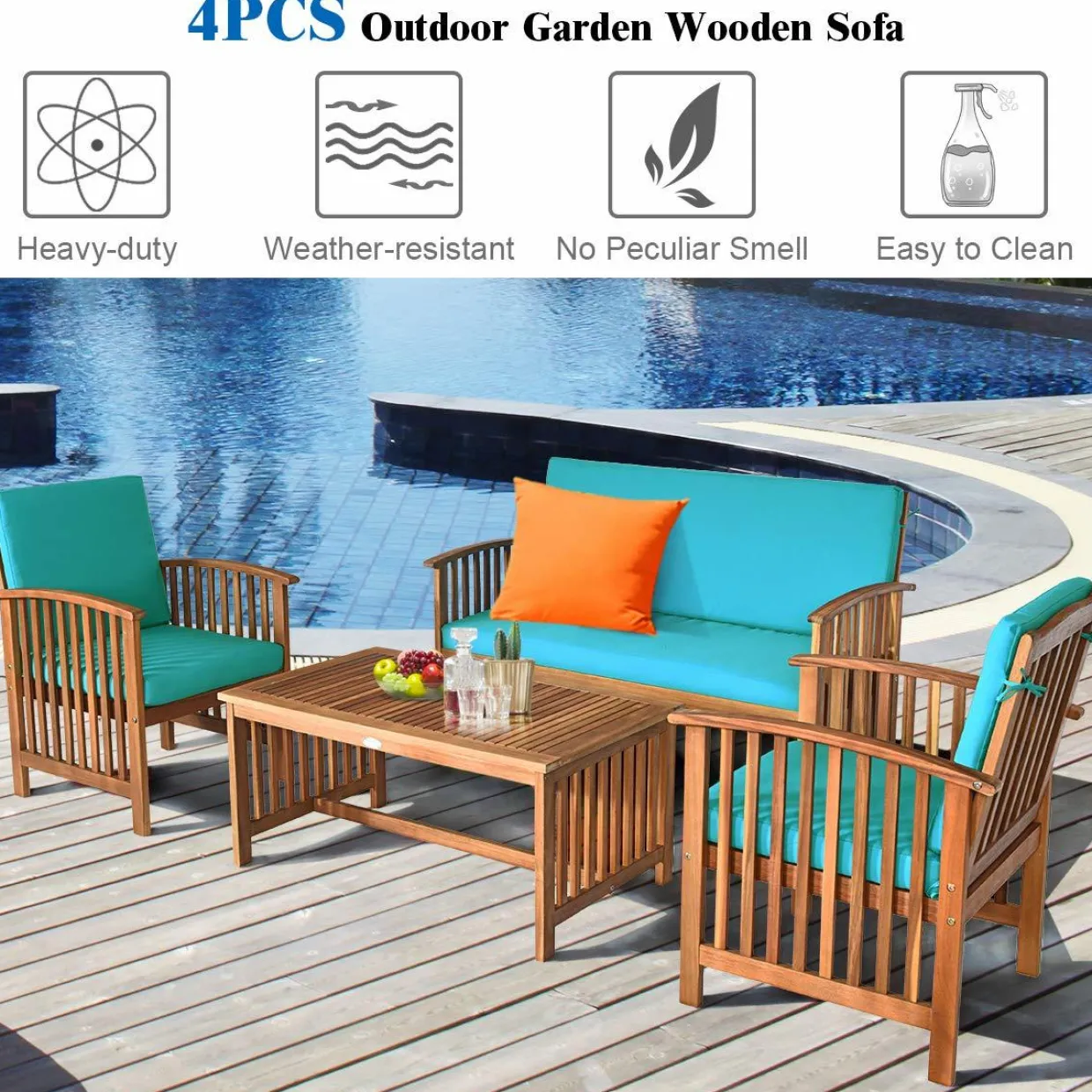 Tangkula Outdoo Wood Sofa Set w/Water Resistant Cushions, Padded Patio Seating Chat Set