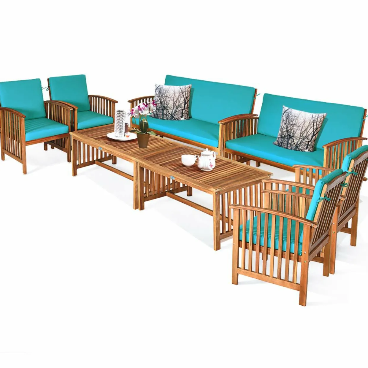Tangkula Outdoo Wood Sofa Set w/Water Resistant Cushions, Padded Patio Seating Chat Set