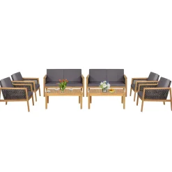 Tangkula Outdoor Acacia Wood Furniture Set, PE Wicker Conversation Set with Coffee Table and Soft Cushions