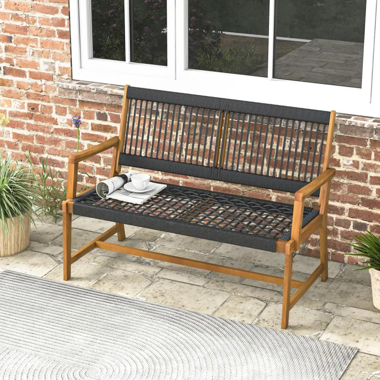 Tangkula Outdoor Acacia Wood Bench, All-Weather Rope Woven Garden Bench with Backrest and Armrests