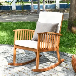 Tangkula Outdoor Acacia Wood Rocking Chair, Wooden Rocker w/Detachable Washable Cushions