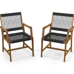 Tangkula Outdoor Acacia Wood Dining Chairs Set of 2, All-Weather Rope Woven Patio Chairs with Armrests