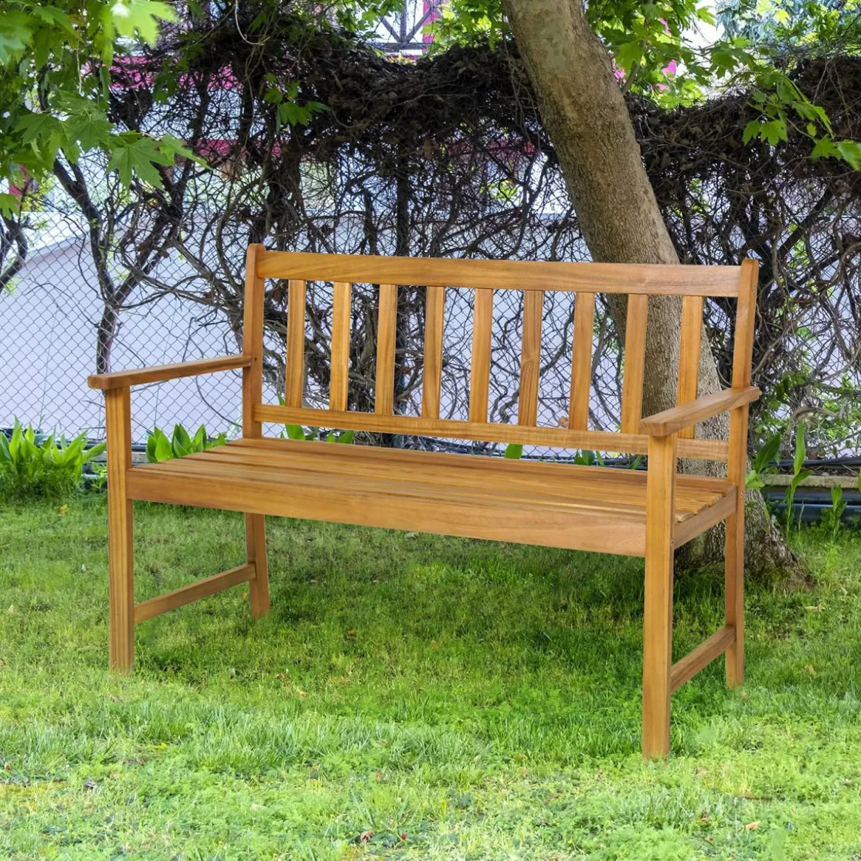 Tangkula Outdoor Acacia Wood Bench, 2-Person Garden Bench with Backrest and Armrests