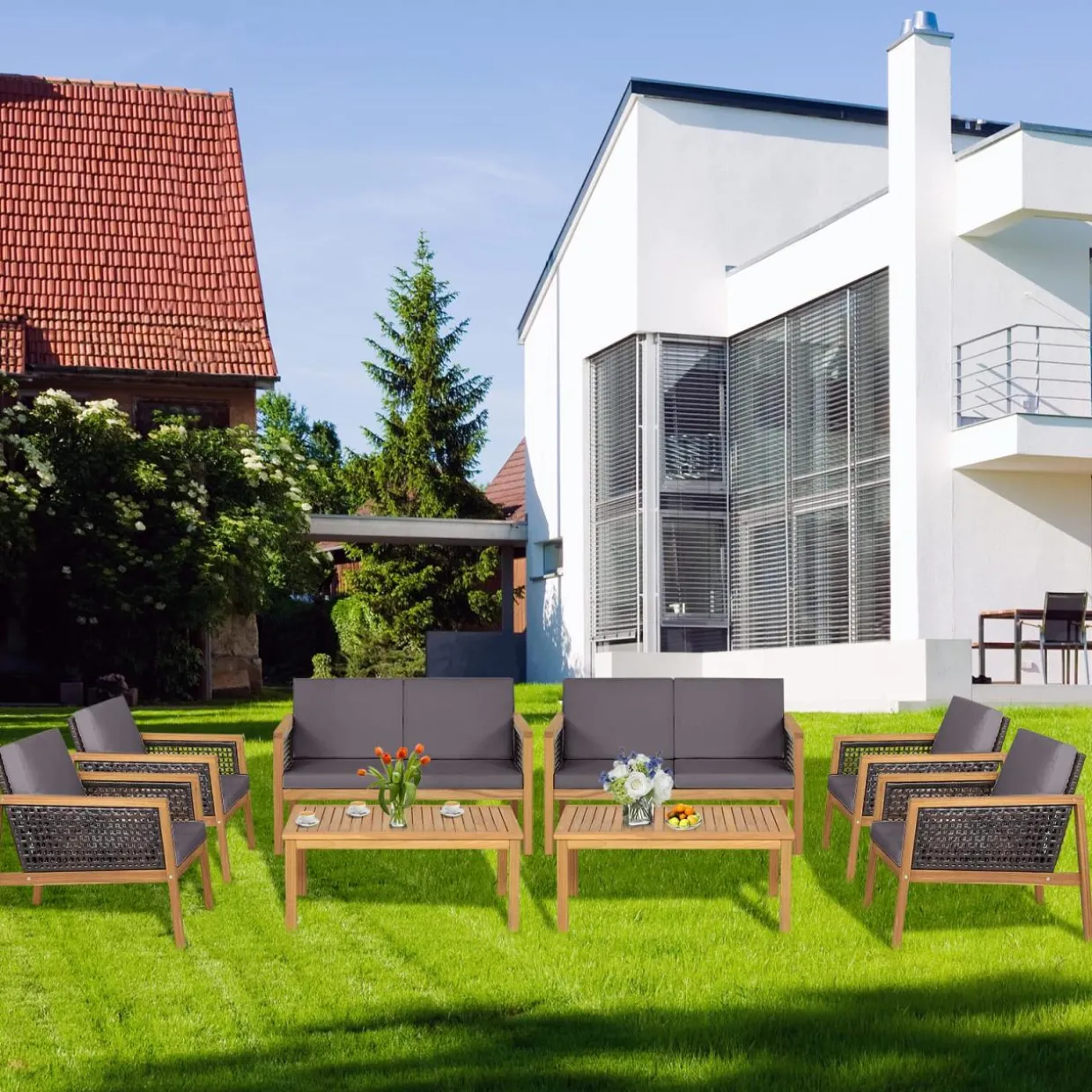 Tangkula Outdoor Acacia Wood Furniture Set, PE Wicker Conversation Set with Coffee Table and Soft Cushions